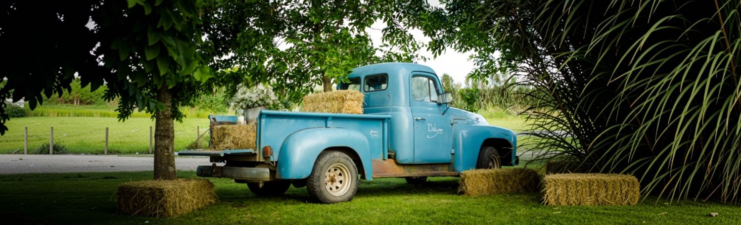 La camioneta de La Vigna con fardos, en el parque